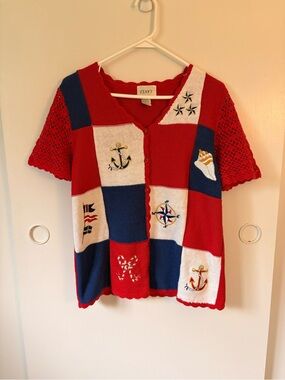 vintage 1990s nautical patchwork knit cardigan by the clothing brand Jenny